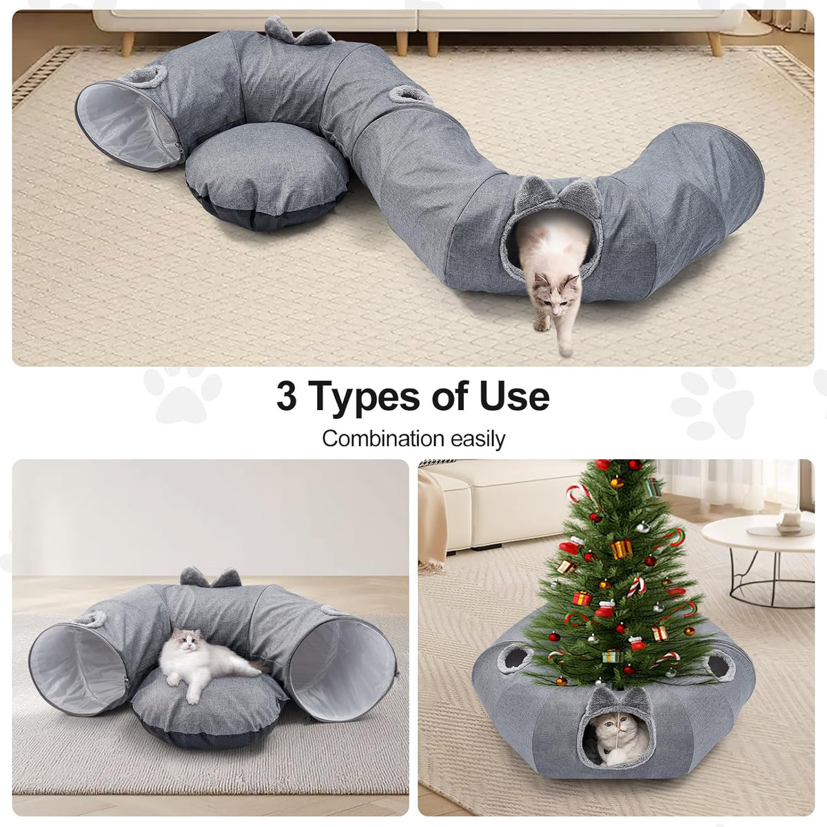 Odoland Summer Linen Cat Tunnels for Indoor Cats with Cooling Central Cat Bed, Interactive Cat Toys