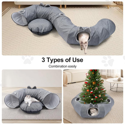 Odoland Summer Linen Cat Tunnels for Indoor Cats with Cooling Central Cat Bed, Interactive Cat Toys