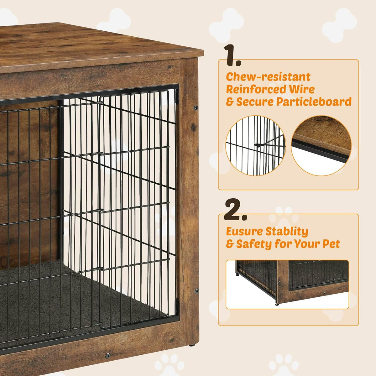 Dog Kennel Furniture, Wooden Dog Crate End Table with Dual Doors, Chew-Proof Design & Cushion