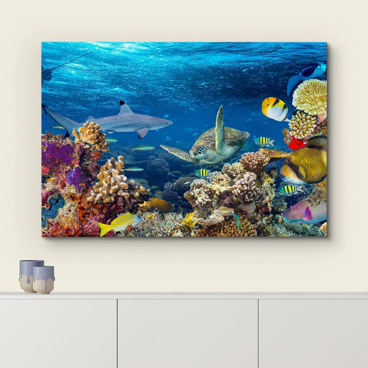 wall26 Canvas Print Wall Art Tropical Island Underwater Turtle Shark Nature Animals Photography