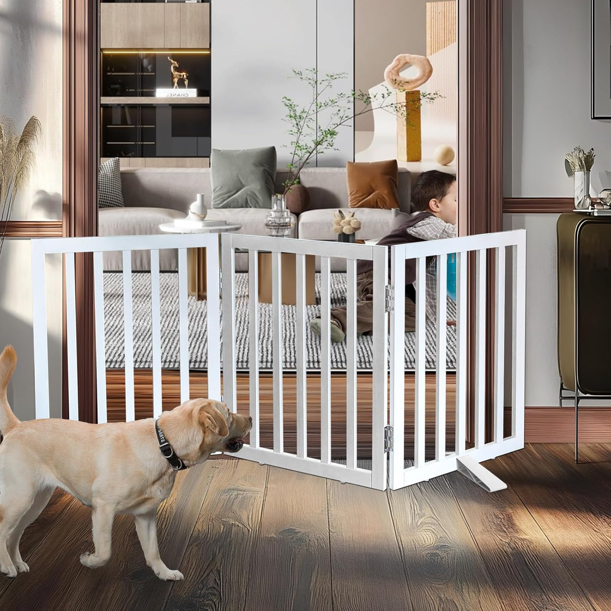 ZJSF Freestanding Indoor Dog Gate for House Foldable Wood White Puppy Gate for Doorways Pet Gate