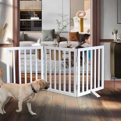 ZJSF Freestanding Indoor Dog Gate for House Foldable Wood White Puppy Gate for Doorways Pet Gate