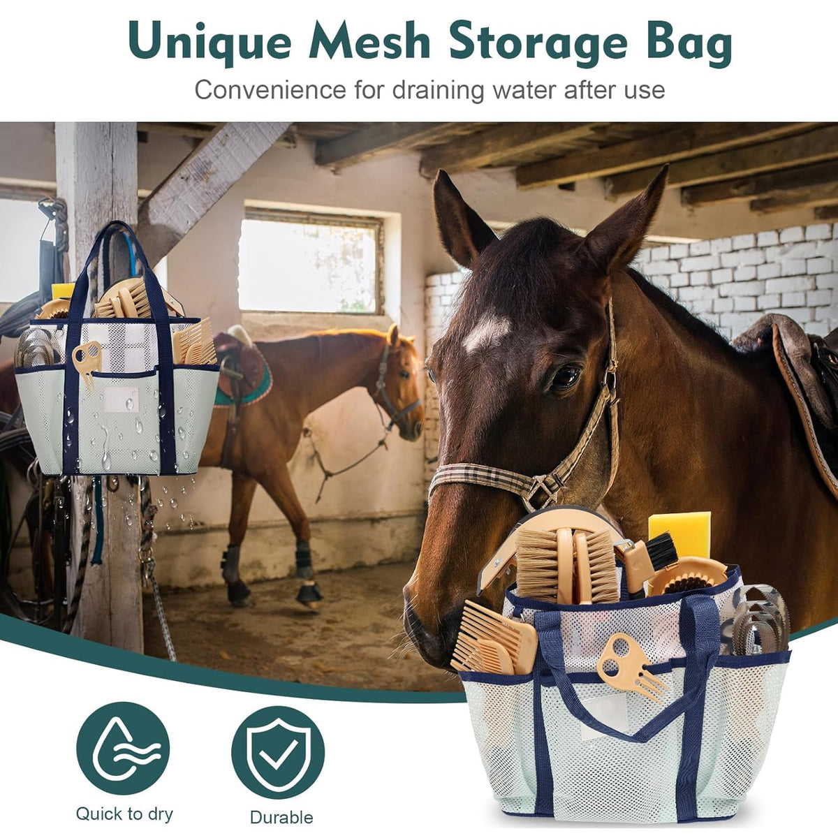 Horse Grooming Kit for Bathing, 13Pcs Horse-Brush Set with Mesh Bag, Shower Brushes, Braiding and
