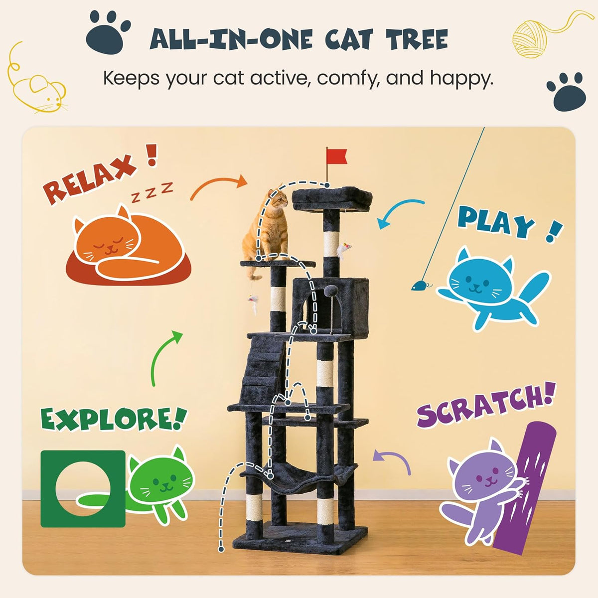 MWPO 63.8 inches Multi-Level Cat Tree for Large Cats with Sisal-Covered Scratching Posts, Padded