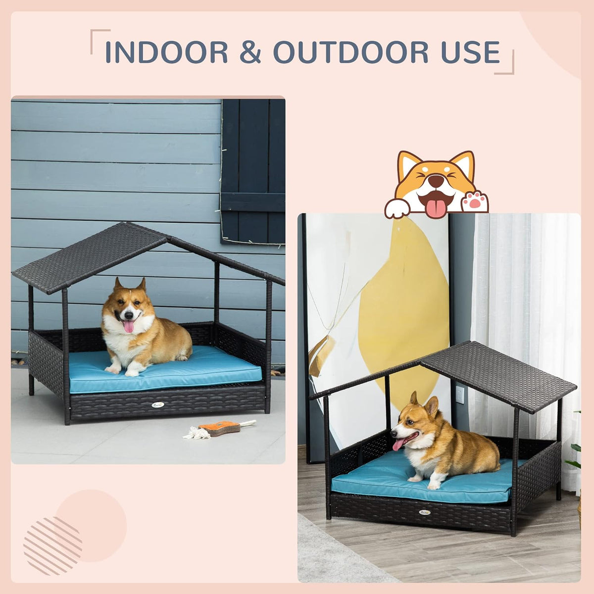 PawHut Wicker Dog House Outdoor with Canopy, Rattan Dog Bed with Water-Resistant Cushion, Raised