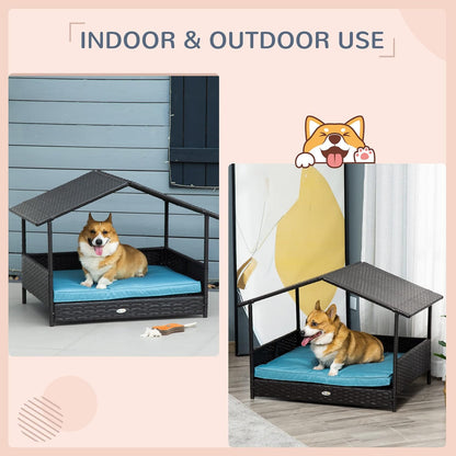 PawHut Wicker Dog House Outdoor with Canopy, Rattan Dog Bed with Water-Resistant Cushion, Raised