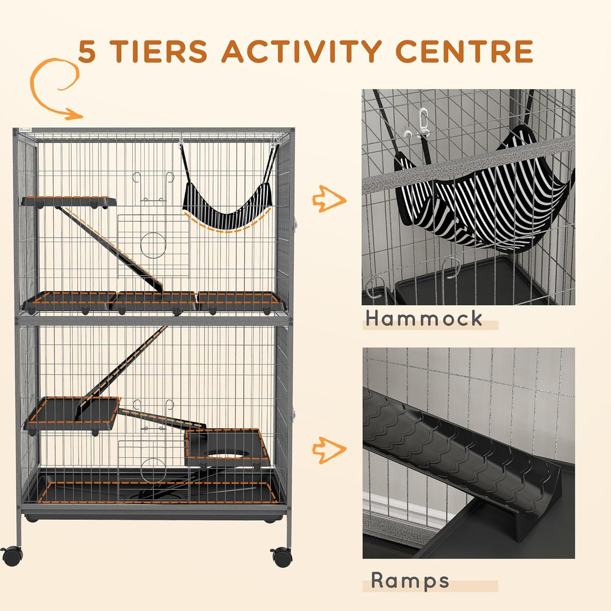 PawHut 50" 5-Tier Small Animal Cage, Ferret Cage, Large Chinchilla Cage with Hammock Accessory &