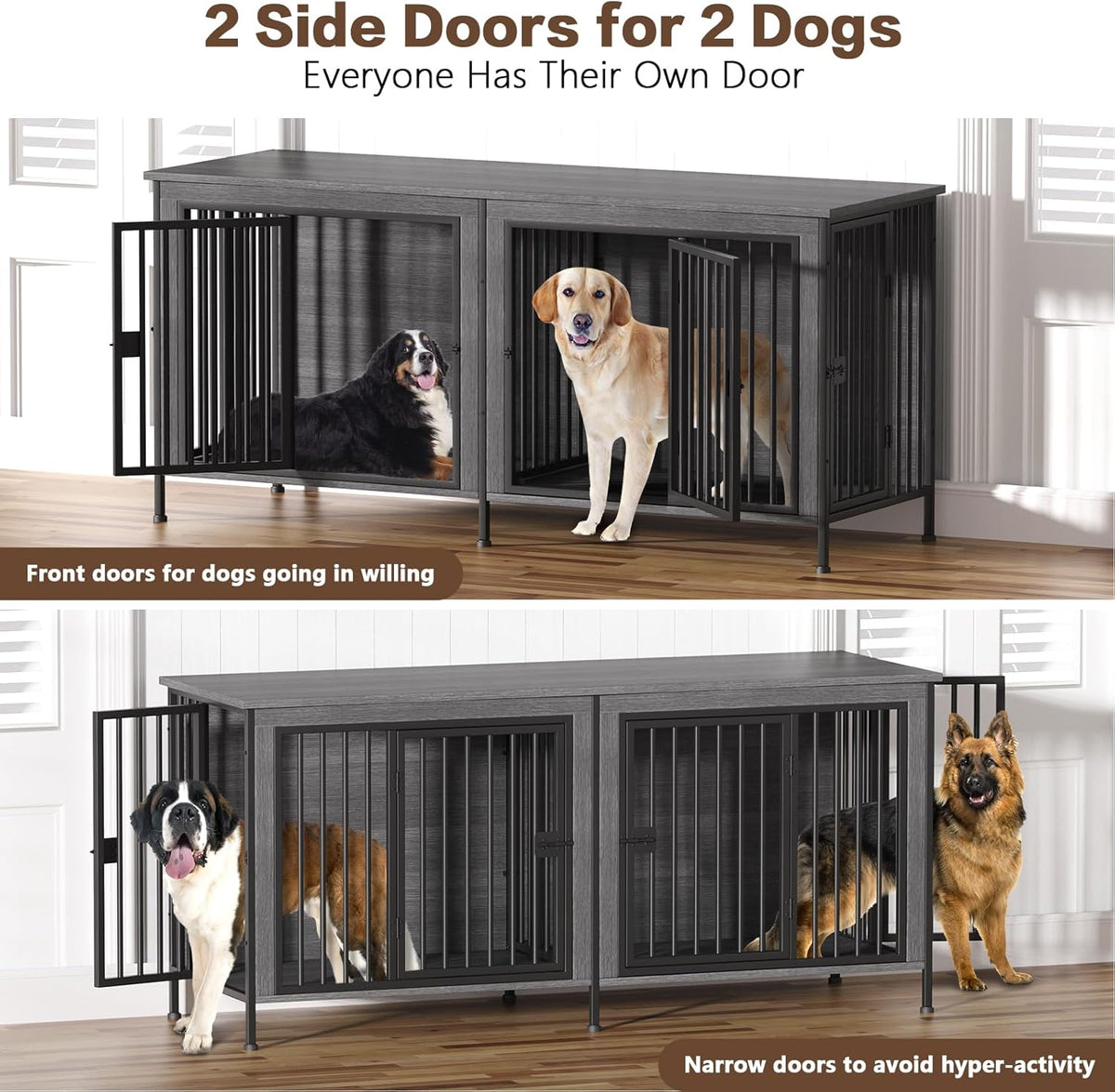 EasyCom 78 Inch Dog Cage Furniture for 2 Pets with Divider, XXL Wooden Double Dog Crate Furniture