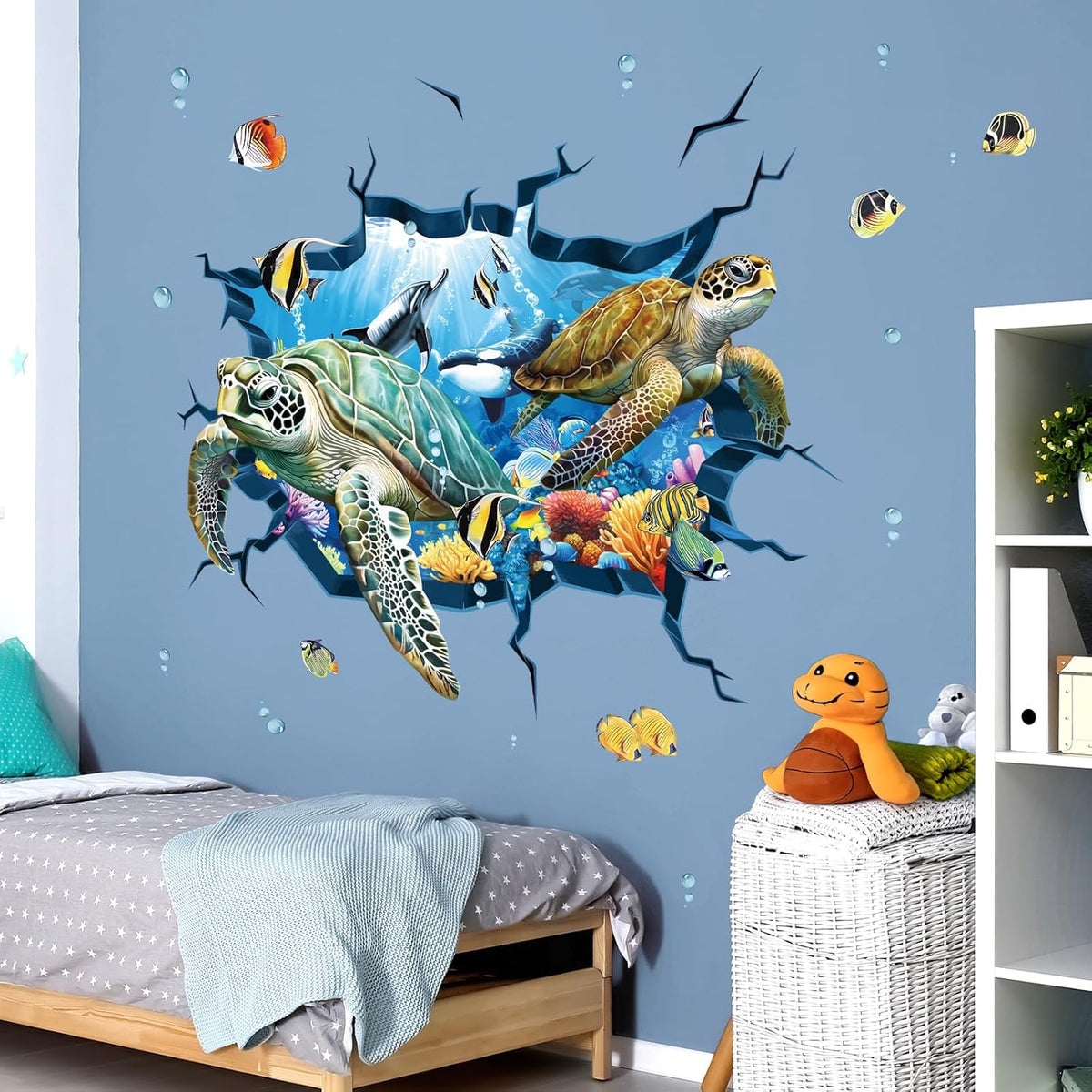 decalmile 3D Under The Sea Turtle Wall Decals Underwater Ocean Fish Broken Wall Stickers Kids