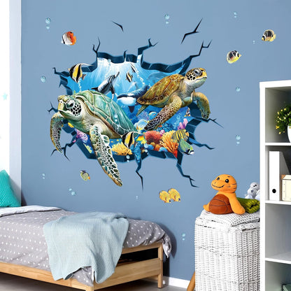 decalmile 3D Under The Sea Turtle Wall Decals Underwater Ocean Fish Broken Wall Stickers Kids