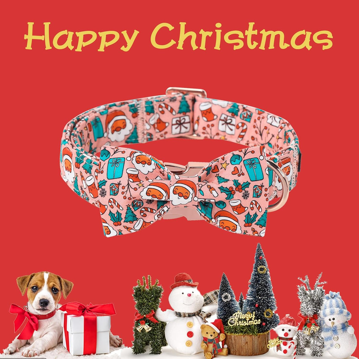 Unique Style Paws Christmas Day Dog Collar with Bow Pink Christmas Man Cotton Puppy Collars for