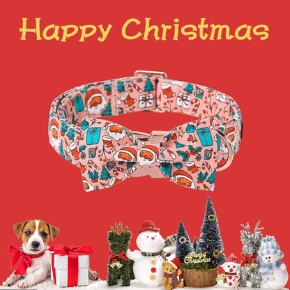 Unique Style Paws Christmas Day Dog Collar with Bow Pink Christmas Man Cotton Puppy Collars for