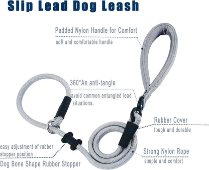 Slip Lead Dog Leash，Strong Nylon Rope Leash and Padded Handle,No Pull Outdoor Walking Training Lead