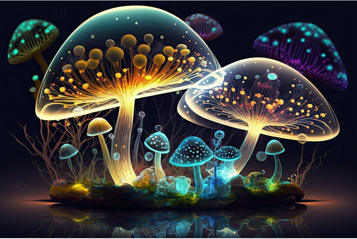 Mushroom Aquarium Background Abstract Glowing Fantasy Mushrooms Terrarium Background Mysterious