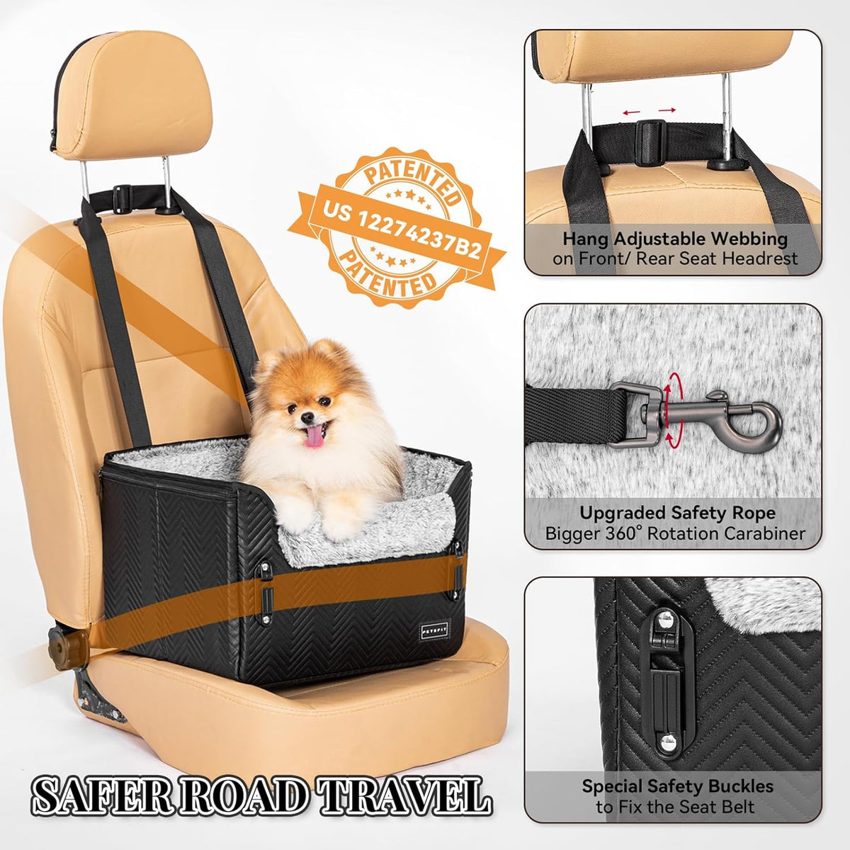 PETSFIT Small Dog Car Seat, Waterproof PU Leather Dog Carseat with Patent Safe Buckles, Clip-On