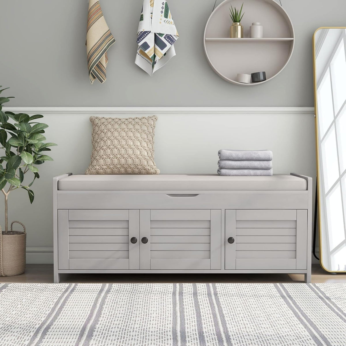 Storage Bench with 3 Shutter-Shaped Doors, Wood Shoe Bench with Removable Cushion and Hidden