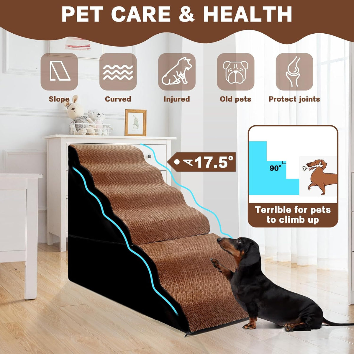 Dog Stair Steps for High Bed, 6-Step Dog Ramps for High Beds Climbing for Doggy/Kitty, Curved Pet