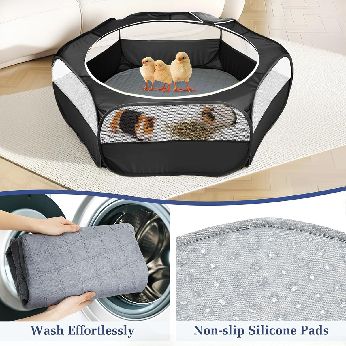 2-in-1 Small Animals Playpen with Pad, Waterproof Small Pet Cage Tent with Reusable Pad, Portable