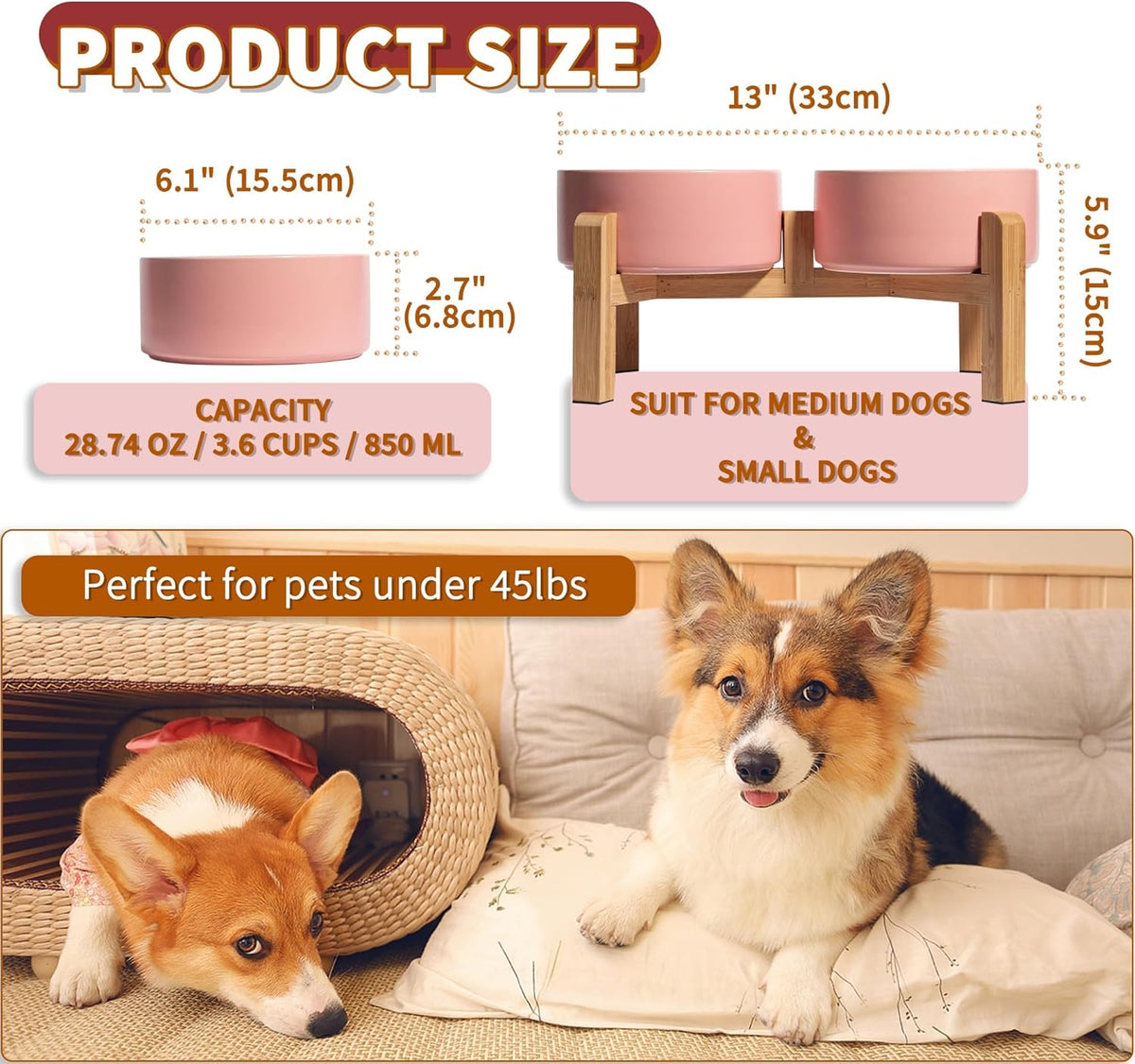 Elevated Ceramic Dog Bowl Set - Raised Dog Bowls with Non-Slip Bamboo Stand - Dog Food and Water