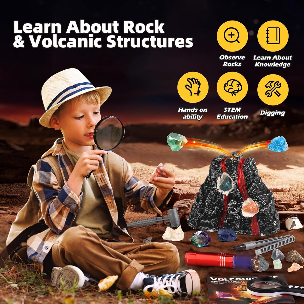 Volcano Dig Kit - 10 Rocks Excavation Kit, Gemstone Rocks for Kids, Fossil Volcano Toys Dig Kits