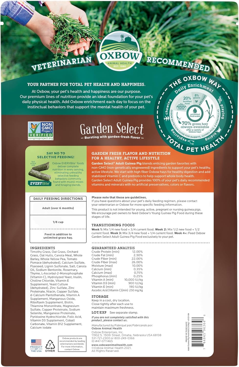 Oxbow Garden Select Guinea Pig Food, Adult, Made Timothy Hay for Guinea Pig, Pet Food Pellets with
