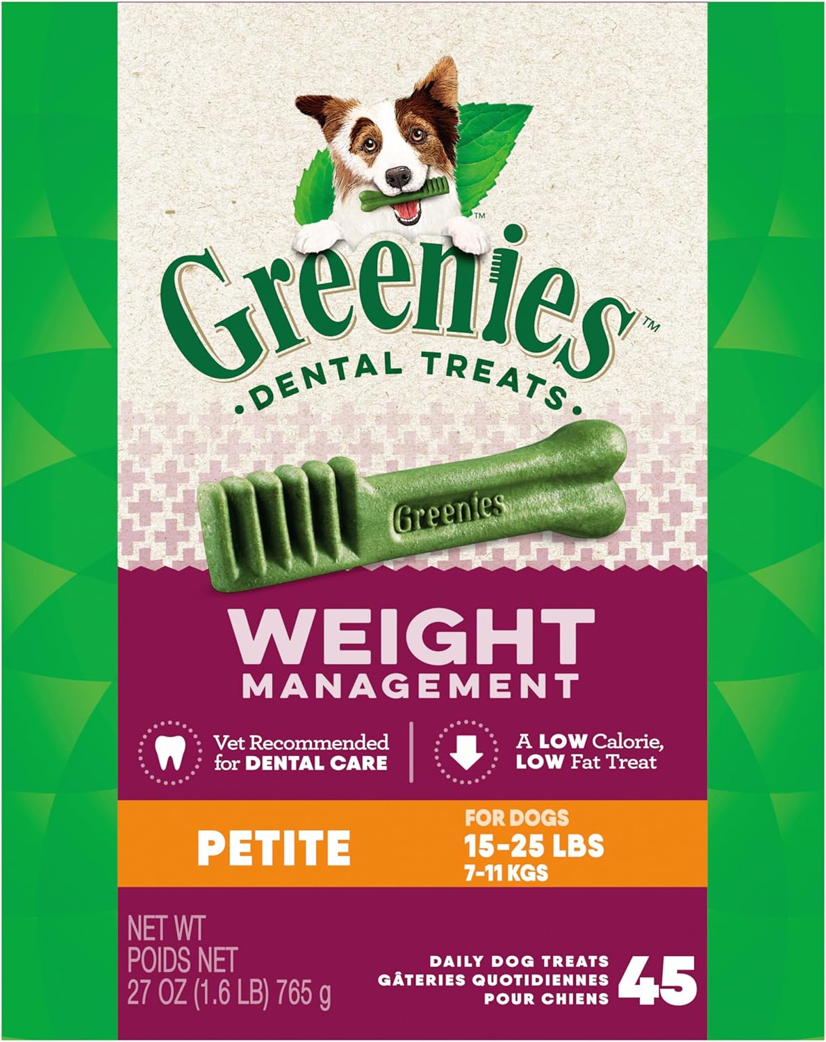 Greenies Weight Management Petite Dog Dental Chews Weight Control Dog Treats, 27 oz. Pack (45