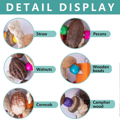 Deloky Large Parrot Bird Chewing Toys, Natural Nuts Corn Parrot Tearing Toy, Wooden Bird Cage Toy
