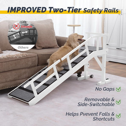 Dog Ramp for Bed or Couch, Wooden Pet Ramp with 20° Gentle Slope, Removable Side Rails, Non-Slip