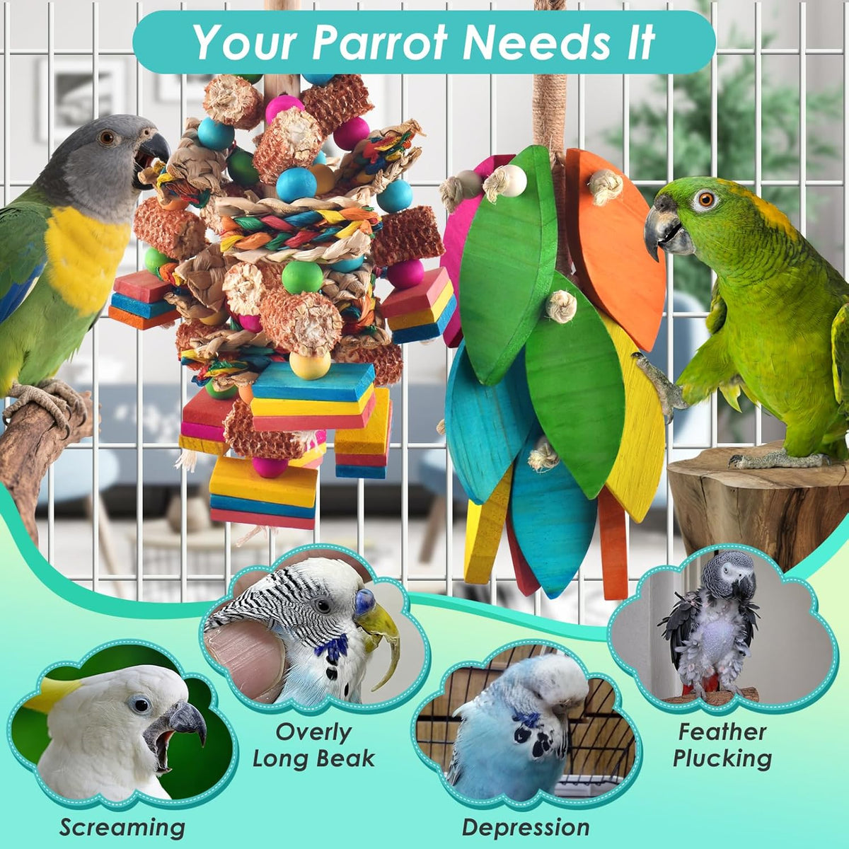 2 Pcs Large Bird Toys, Natural Corn Cob Parrot Chew Toy, Multicolored Leaf-Shaped Chewing Wood