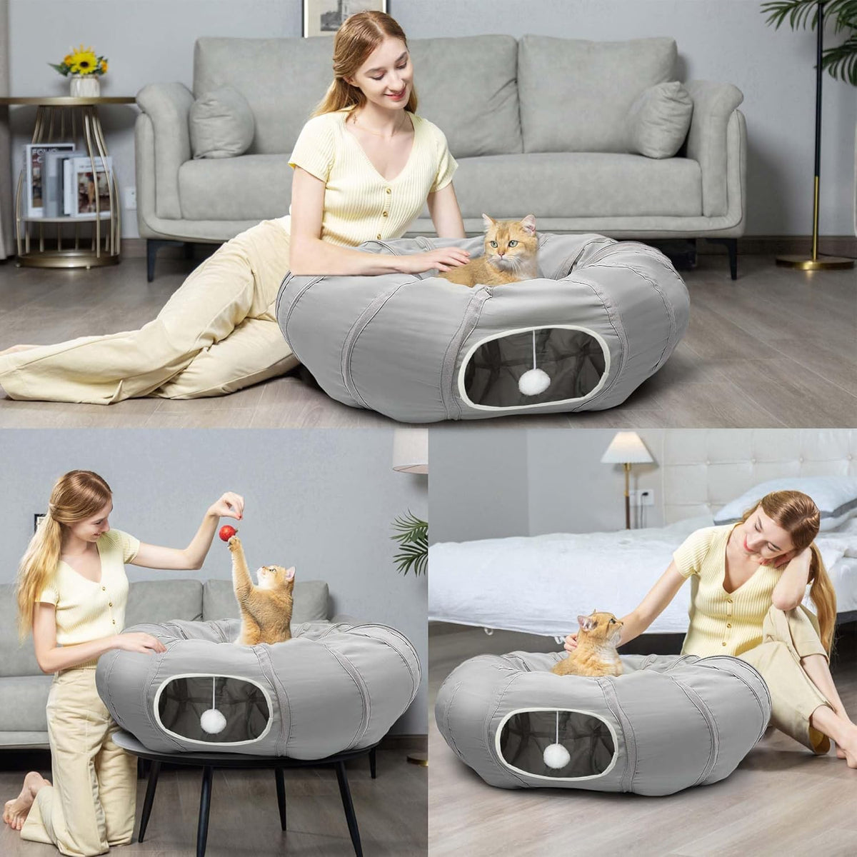 AUOON Cat Play Tunnel - Round Cat Tunnel with Bed | Interactive Cat Toys for Indoor Cats Kitten