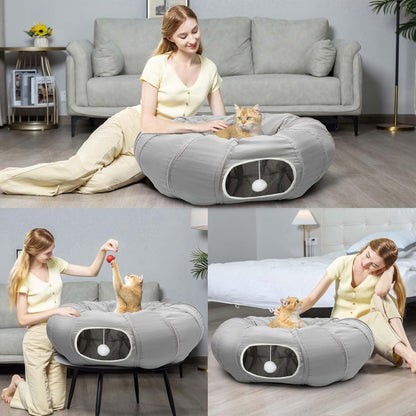 AUOON Cat Play Tunnel - Round Cat Tunnel with Bed | Interactive Cat Toys for Indoor Cats Kitten