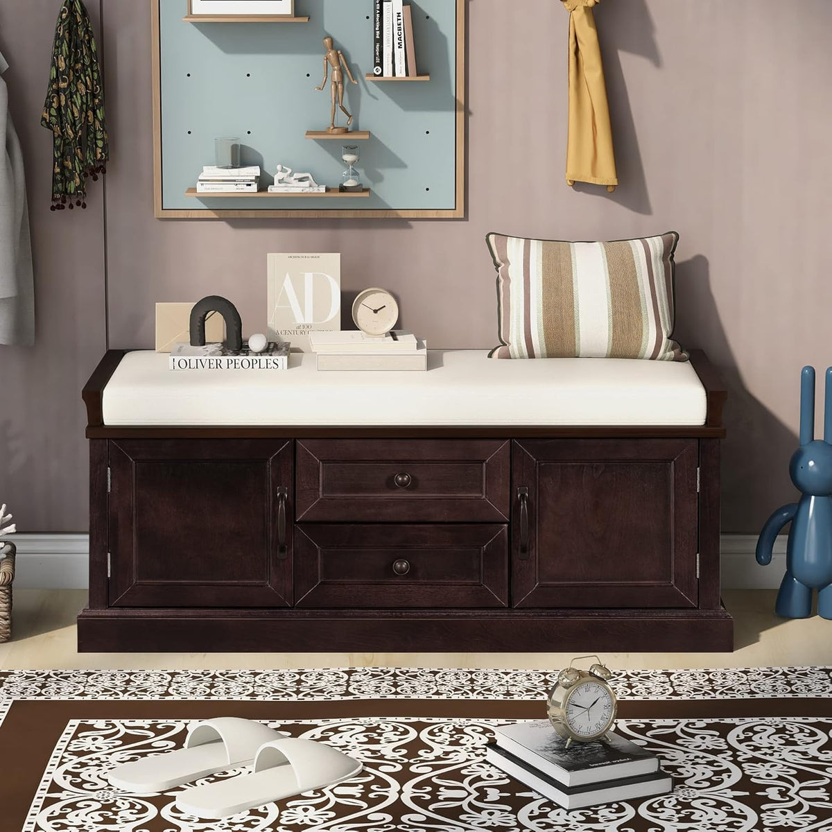 Storage Bench with 2 Drawers and 2 Cabinets, Pine Wood Pine Wood Shoe Bench with Removable Cushion