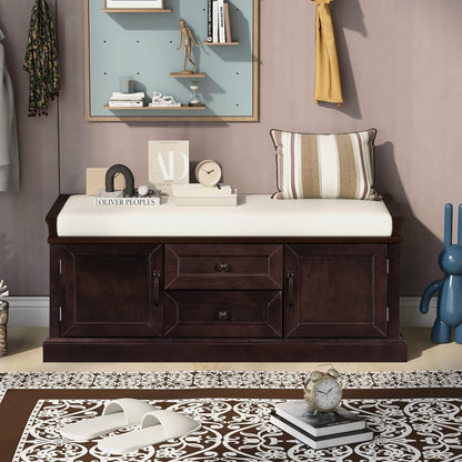 Storage Bench with 2 Drawers and 2 Cabinets, Pine Wood Pine Wood Shoe Bench with Removable Cushion