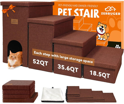 Dog Stairs with Condo 23" H, 4-Step Wider Dog Steps for High Beds Window, Folding Storage Pet