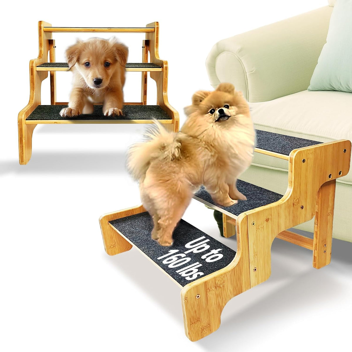 Dog Stairs for Small Dogs,3-Step Bamboo Wooden Dog/Pet/Cat Steps Ramp for Couch Sofa,Bed and Car