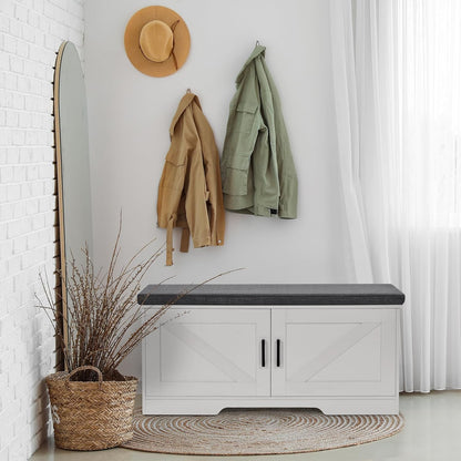 2-Tier Storage Bench, Shoe Bench with Padded Seat Cushion, Entryway Bench with 2 Barn Doors