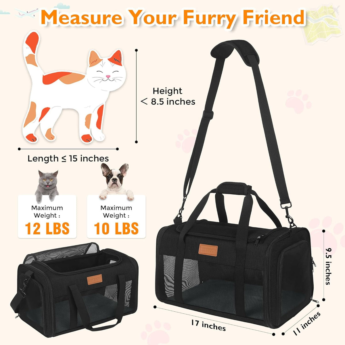 PETUX TSA Approved Pet Carrier in Cabin, 17"x11"x9.5" Soft Cat Carriers for Small Cat up to 12 lb