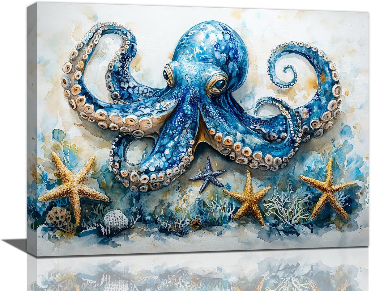 Octopus Bathroom Pictures Wall Art, Sea Animal Ocean Bathroom Wall Decor, Nautical Framed Painting
