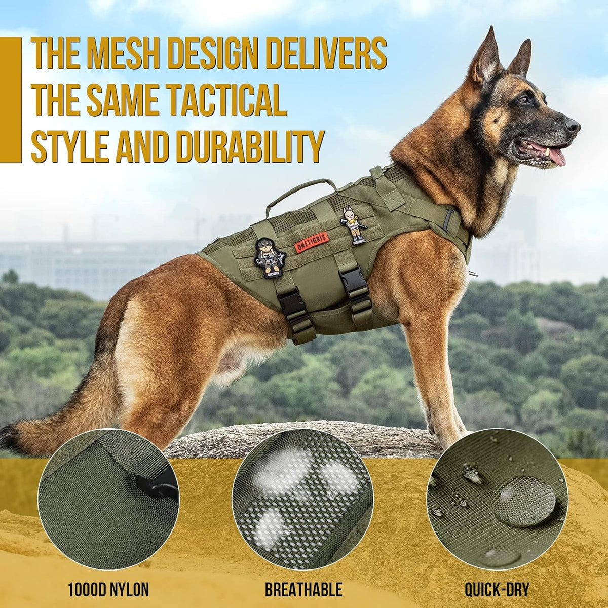 OneTigris No Pull Tactical Dog Harness for Medium Dogs, Aire Mesh Service Dog Harness Breathable