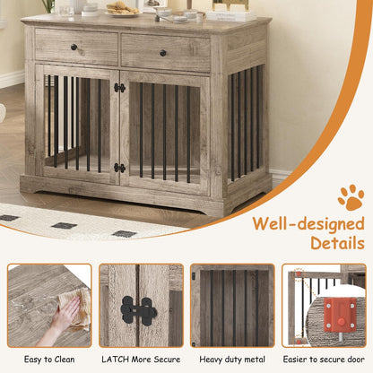 Dog Crate Furniture, 44 Inch Wooden Dog Kennel Indoor with 2 Storage Drawers, Heavy Duty Large