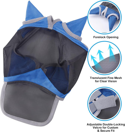 Horse Fly Mask with Ears & Long Nose Cover | Forelock Opening for Tangle-Free Mane Care | UV
