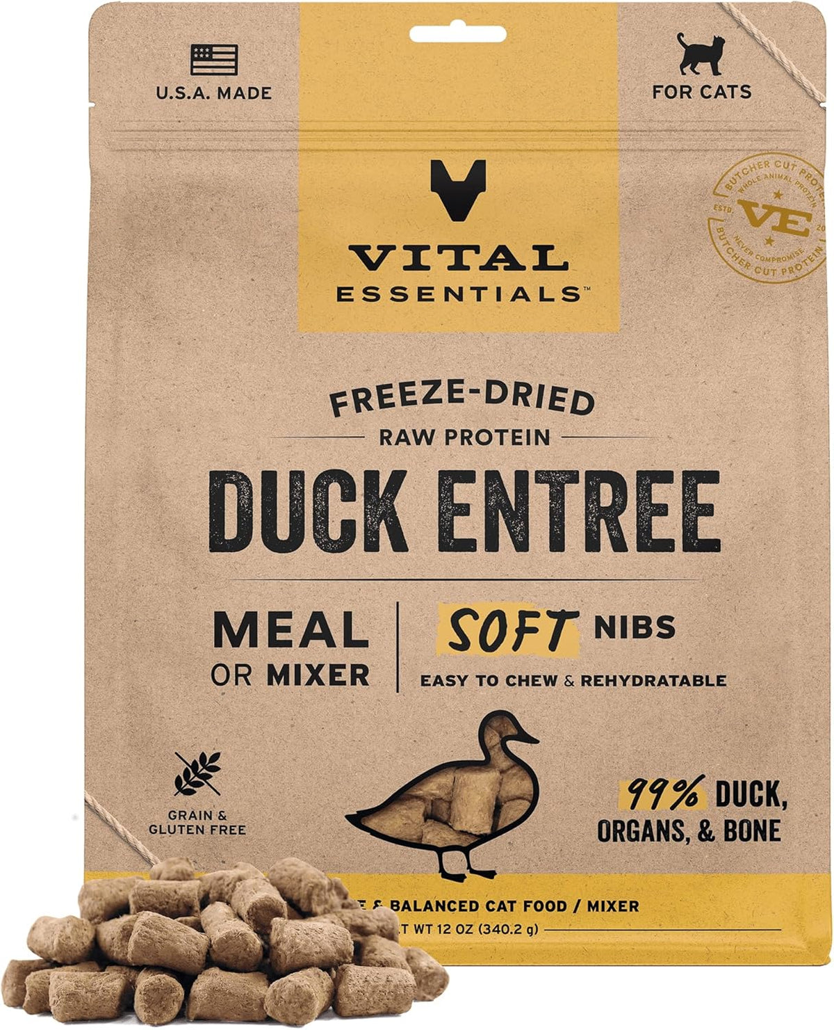 Vital Essentials Freeze-Dried Raw Duck Meal or Mixer Cat Food Soft Nibs | 99% Duck, Organs & Bone |