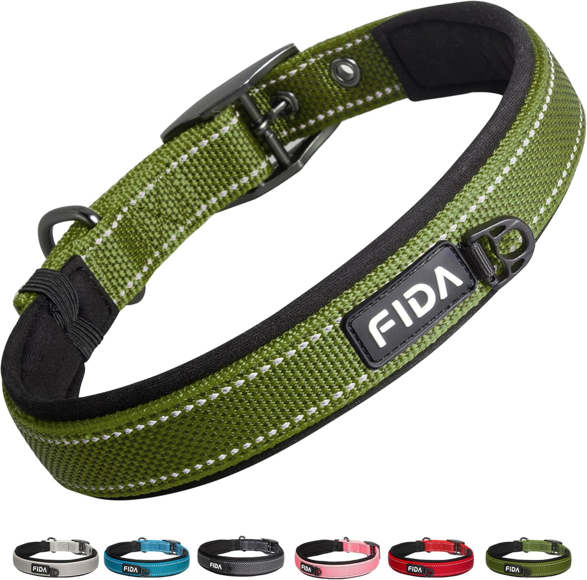 Fida Heavy Duty Dog Collar, Ultra Comfortable Soft Neoprene Padded, Adjustable Reflective Nylon Pet