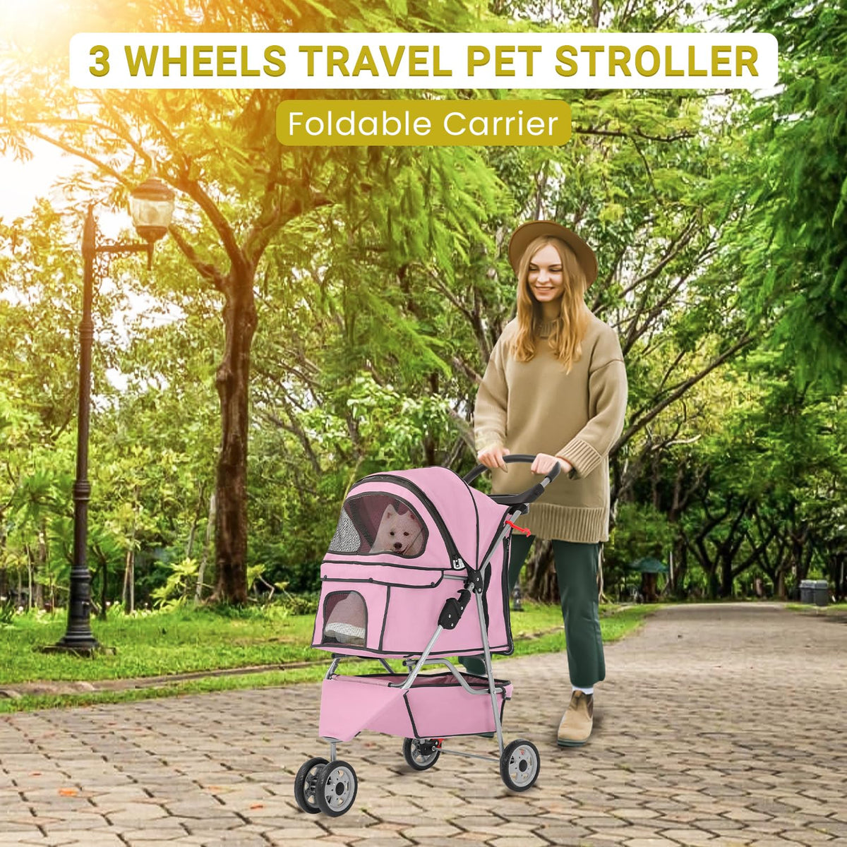 3-Wheels Pet Strolling Cart for Small Medium Dogs and Cats with Storage Basket,Holder, Foldable Pet