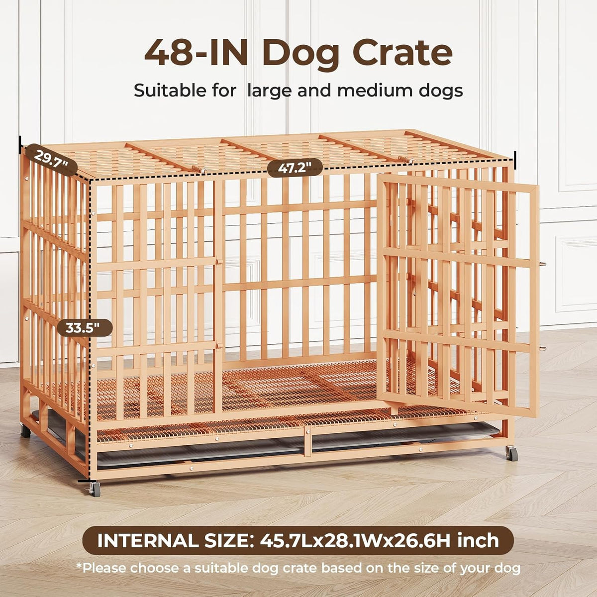 48IN Heavy Duty Dog Crate Steel Escape Proof, Indoor Double Door High Anxiety Cage Removable Tray