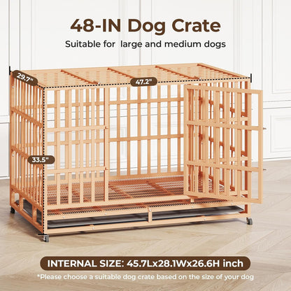 48IN Heavy Duty Dog Crate Steel Escape Proof, Indoor Double Door High Anxiety Cage Removable Tray
