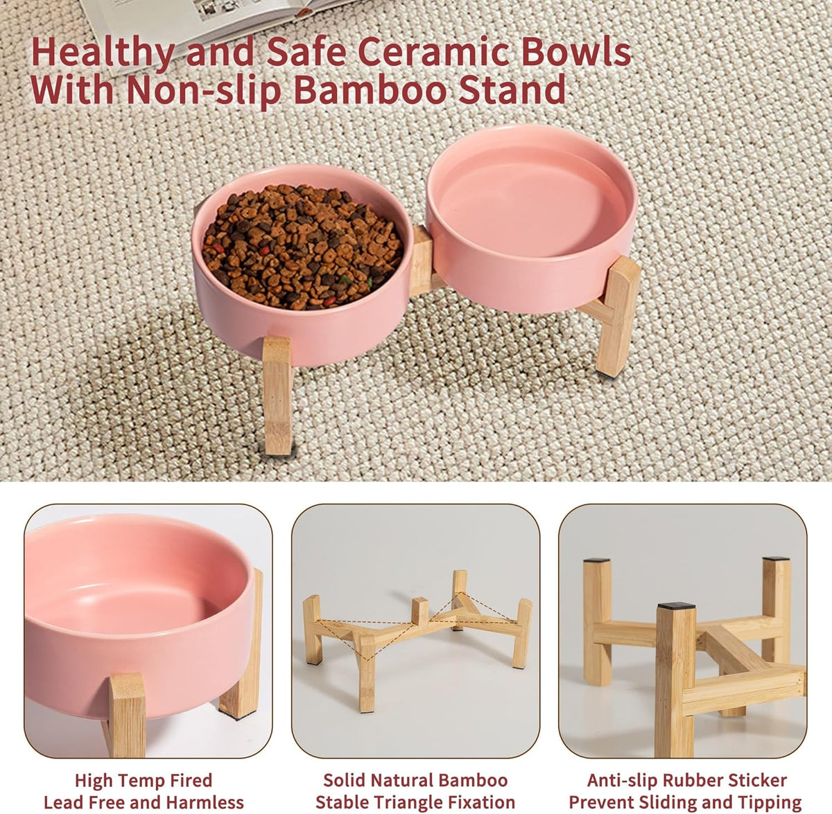 Elevated Ceramic Dog Bowl Set - Raised Feeding Bowls with Non-Slip Bamboo Stand - Small Pet Dishes