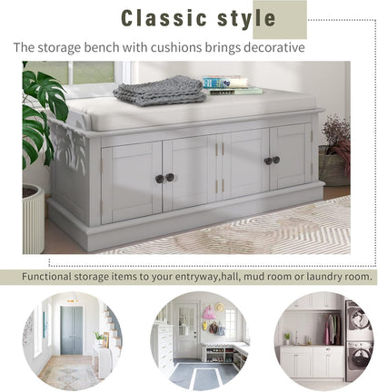 Storage Bench with 4 Doors and Adjustable Shelves, Shoe Bench with Removable Cushion for Living