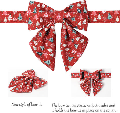 Lionet Paws Christmas Dog Collar with Sailor Bow, Cute Christmas Tree Red Dog Collar Bow Tie for