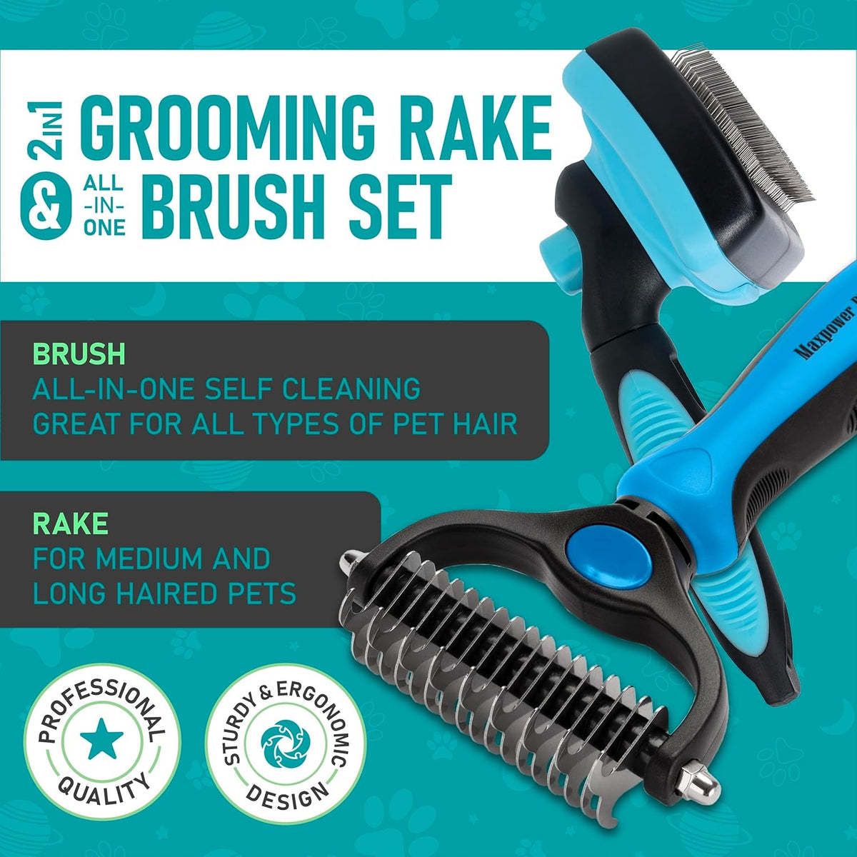 Maxpower Planet Dog Rake and Dog Hair Brush - Gently Removes Loose Undercoat, Mats and Tangled